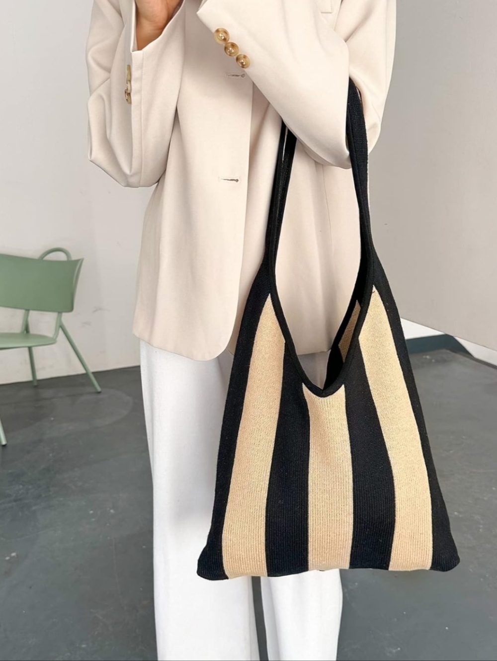Striped Knit Shoulder Bag in Black and Beige